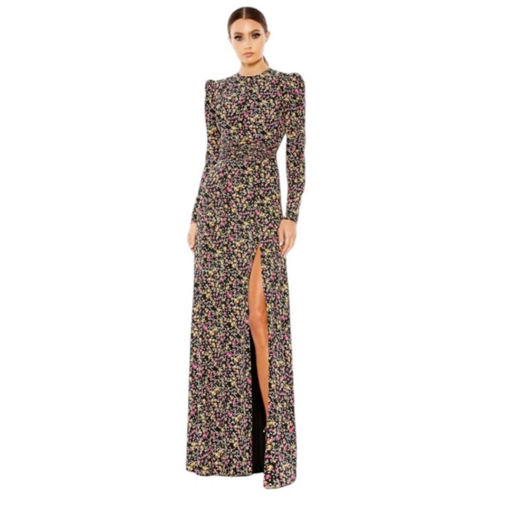 Mac Duggal NWT Style 26916 Size 22 Black Floral Multicolor Long Sleeve Gown